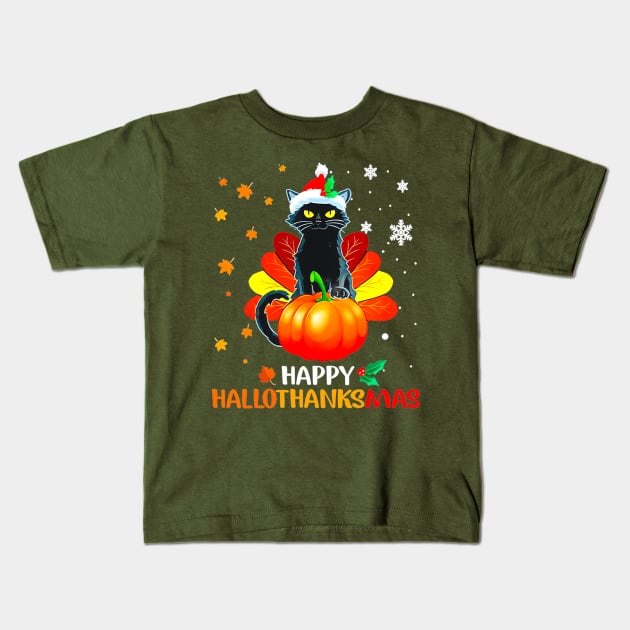 Black Cat Halloween And Merry Christmas Happy Hallothanksmas Kids T-Shirt by AlindaEudoro431994